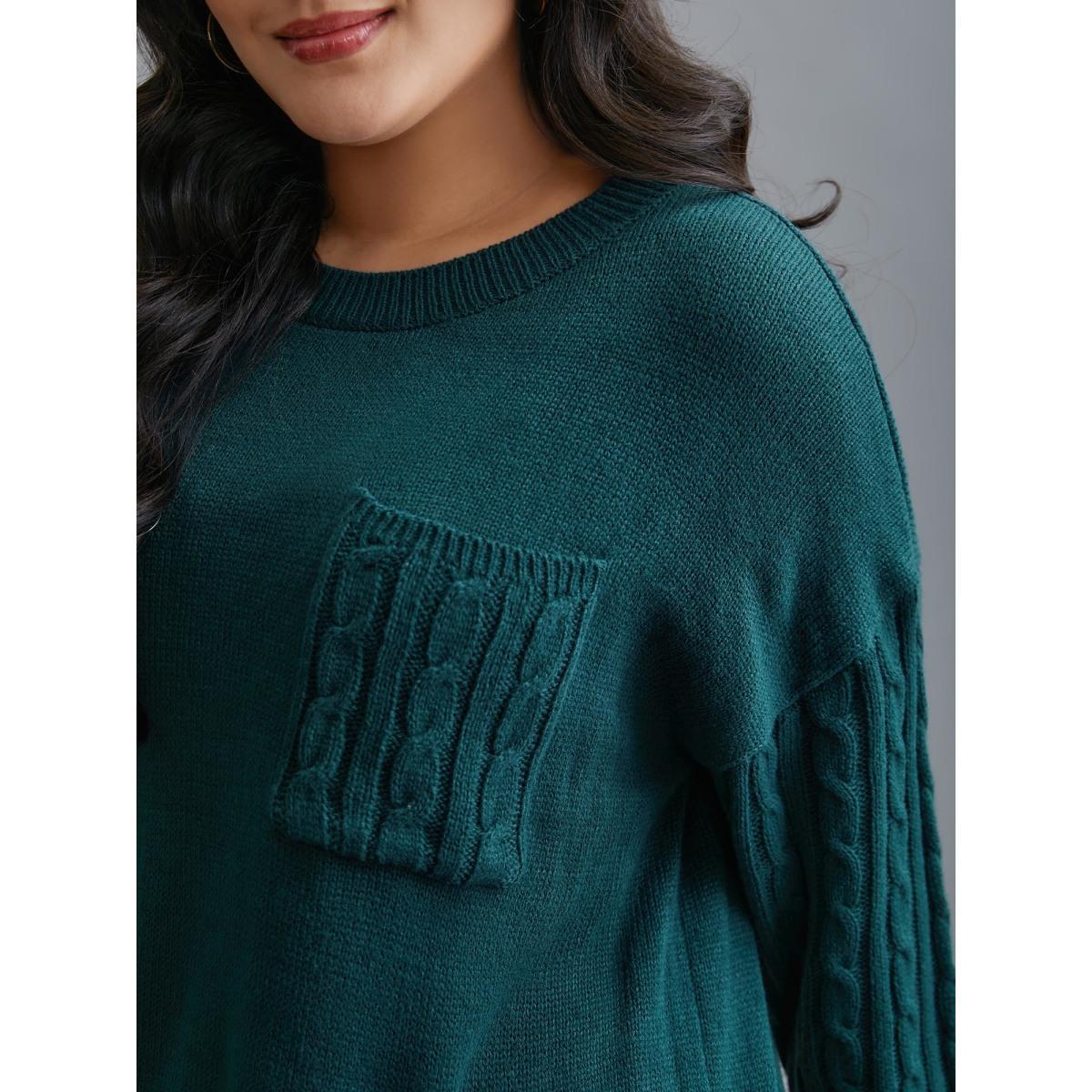 Plus Size Cable Knit Sleeve Chest Pocket Pullover Cyan Women Casual Loose Long Sleeve Round Neck Everyday Pullovers BloomChic 18-20/2X Product Image