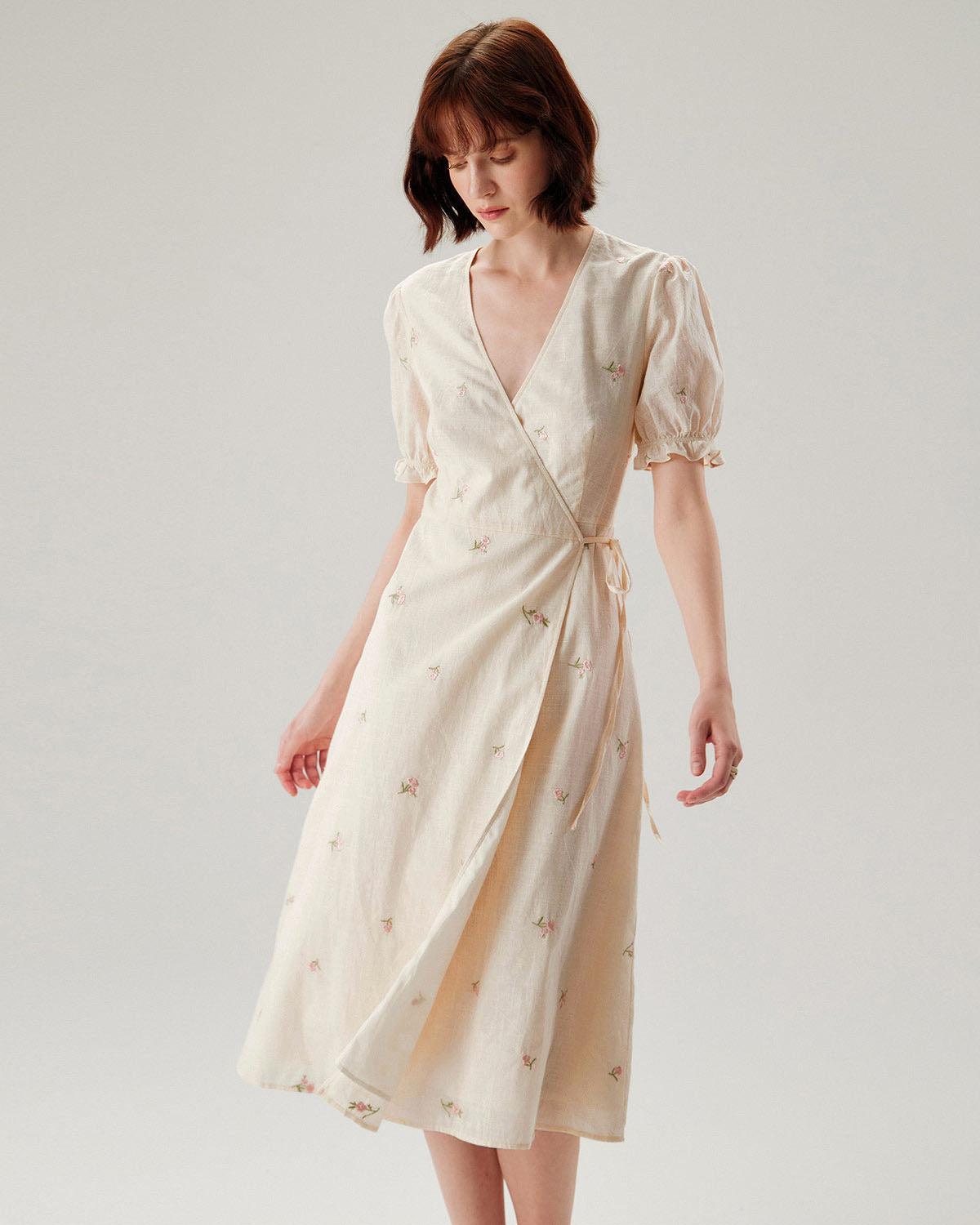 Beige Embroidery Puffed Sleeve Wrap Midi Dress Product Image