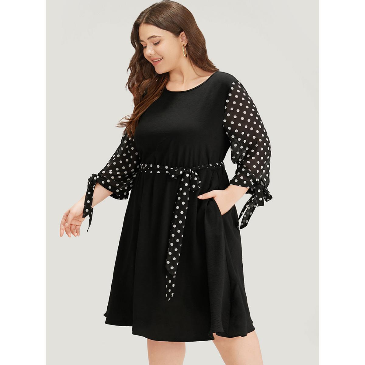Plus Size Polka Dot Patchwork Mesh Belted Bowknot Dress Black Women Office See through Round Neck Long Sleeve Curvy Midi Dress BloomChic 22-24/3X Product Image