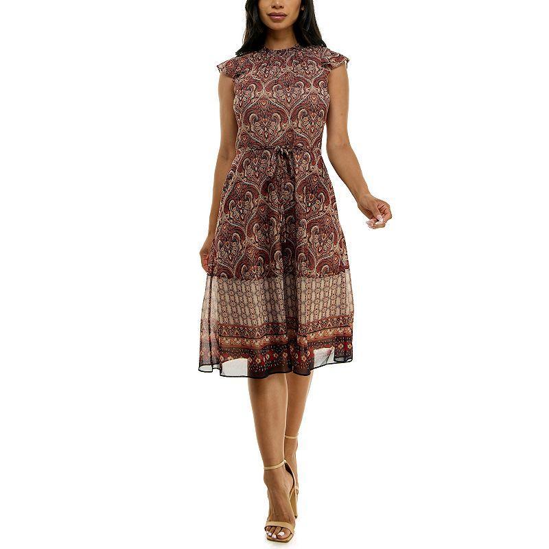 Womens Nina Leonard Smocked Flutter Sleeve Print Dress Product Image