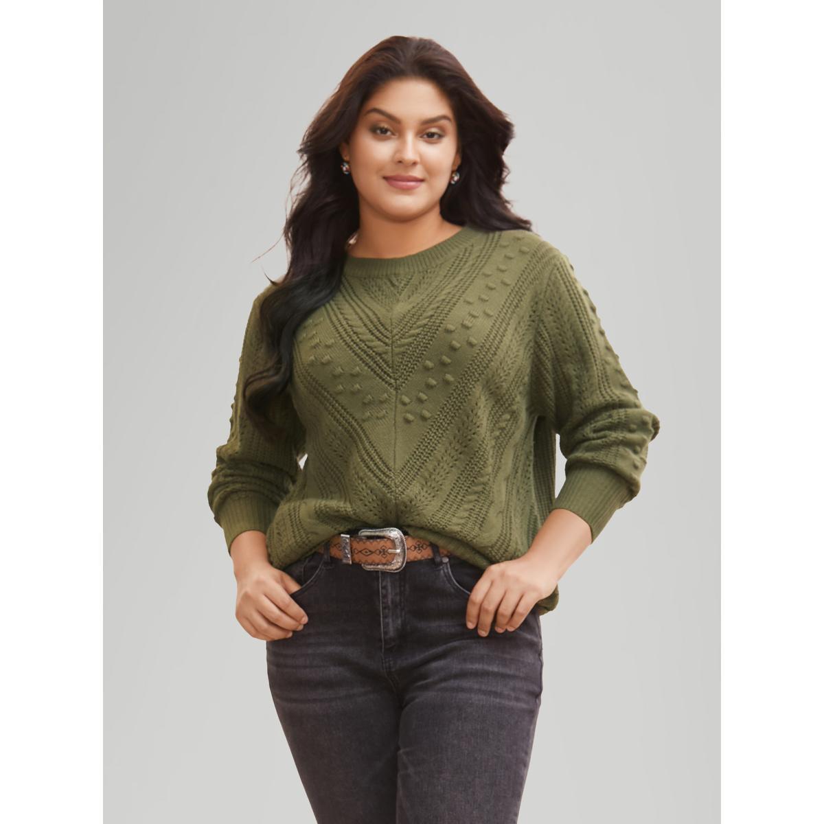 Plus Size Solid Round Neck Cable Knit Pullover ArmyGreen Women Casual Long Sleeve Round Neck Everyday Pullovers BloomChic 18-20/2X Product Image