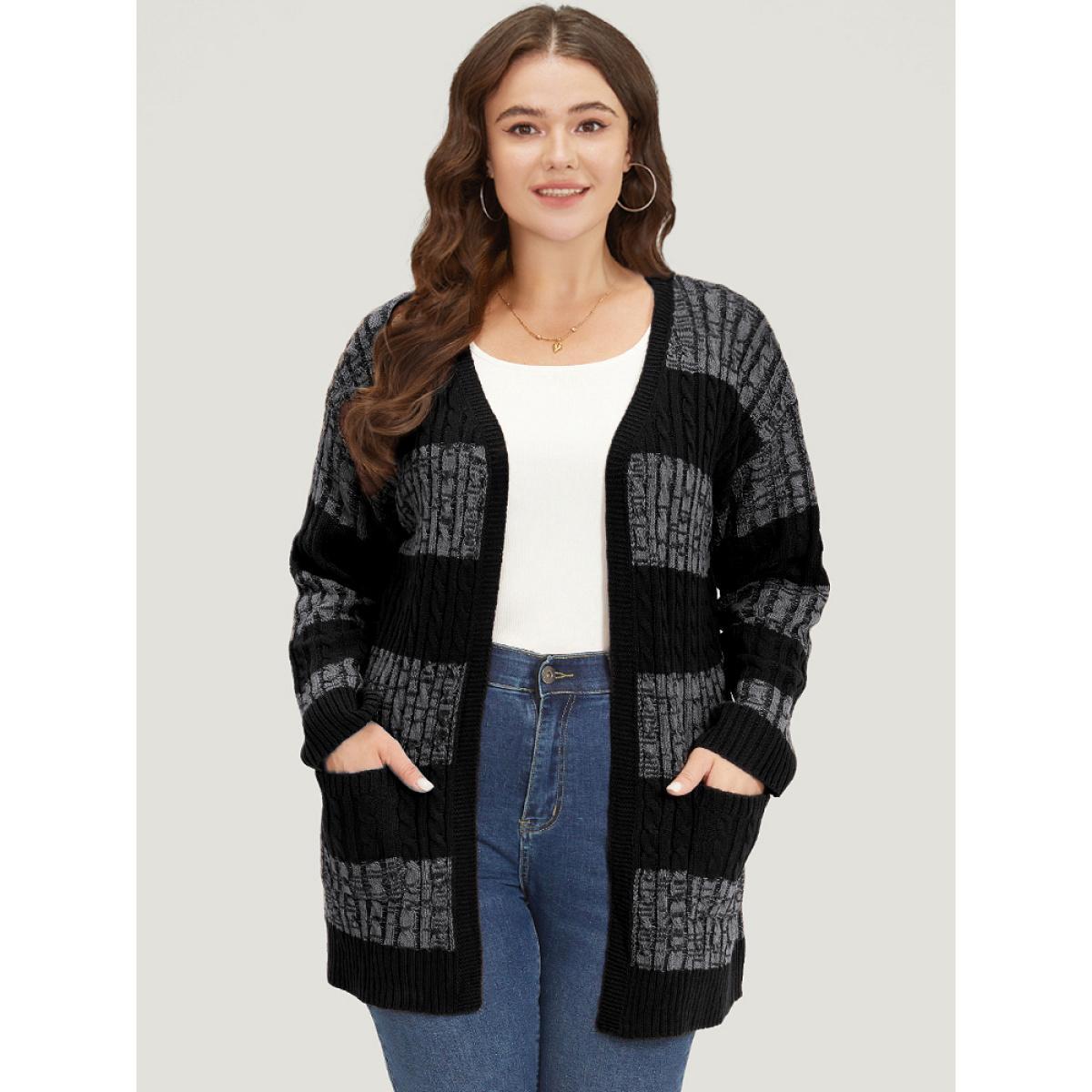 Plus Size Halloween Colorblock Cable Knit Patched Pocket Cardigan Gray Women Casual Loose Long Sleeve Festival-Halloween Cardigans BloomChic 14-16/1X Product Image