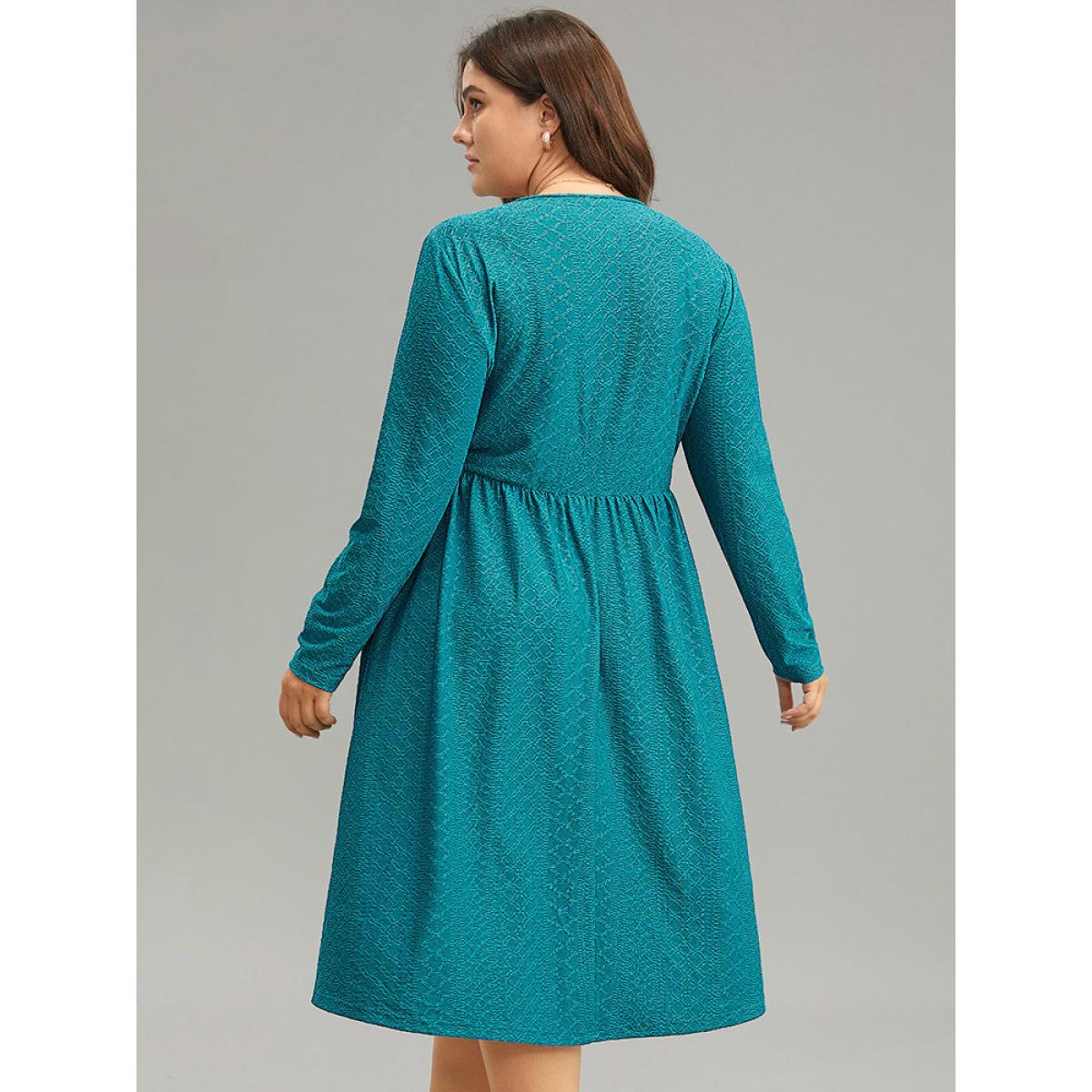 Plus Size Plain Textured Metal Detail V Neck Dress Cerulean Women Office Texture V-neck Long Sleeve Curvy Midi Dress BloomChic 12/L Product Image