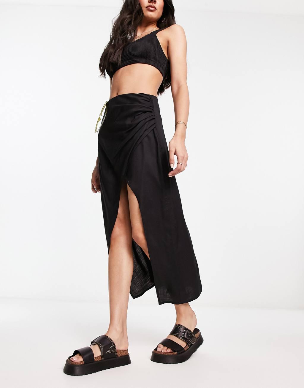 ASOS DESIGN natural slub ruched side midi skirt Product Image