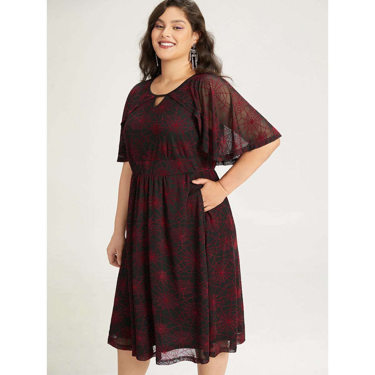 Plus Size Halloween Spider Web Pattern Keyhole Dress Black Women Party Gathered Notched collar Half Sleeve Curvy Midi Dress BloomChic 30/6X Product Image
