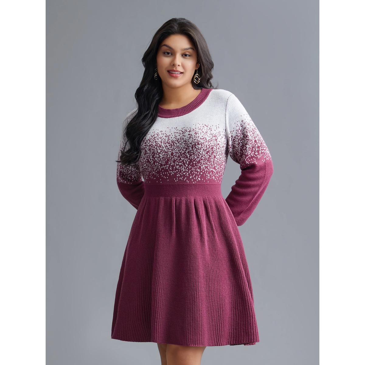 Plus Size Contrast Textured Elastic Waist Sweater Dress Plum Women Elegant Bodycon Long Sleeve Everyday Sweater Dresses BloomChic 26/4X Product Image
