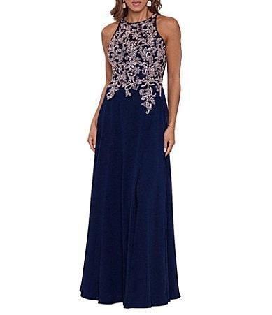 Betsy  Adam Beaded Embroidery Chiffon Halter Neck Keyhole Back Detail Sleeveless Gown Product Image