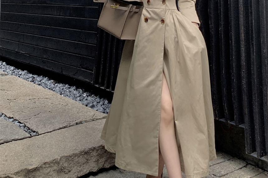 Notch Lapel Plain Double-Breasted Midi A-Line Coat Dress Product Image