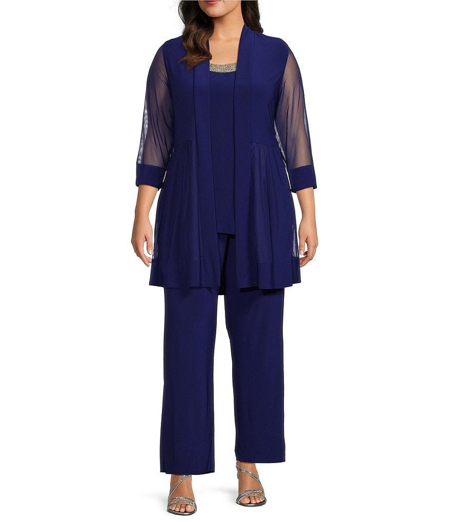 R  M Richards Plus Size Scoop Neck 34 Sleeve Beaded Detail Top  Sheer Knit Jacket 2-Piece Pull Product Image