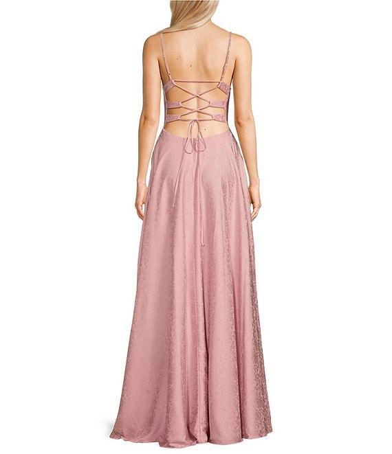 B. Darlin Satin Floral Print Cowl Neck Lace-Up Back Long Dress Product Image