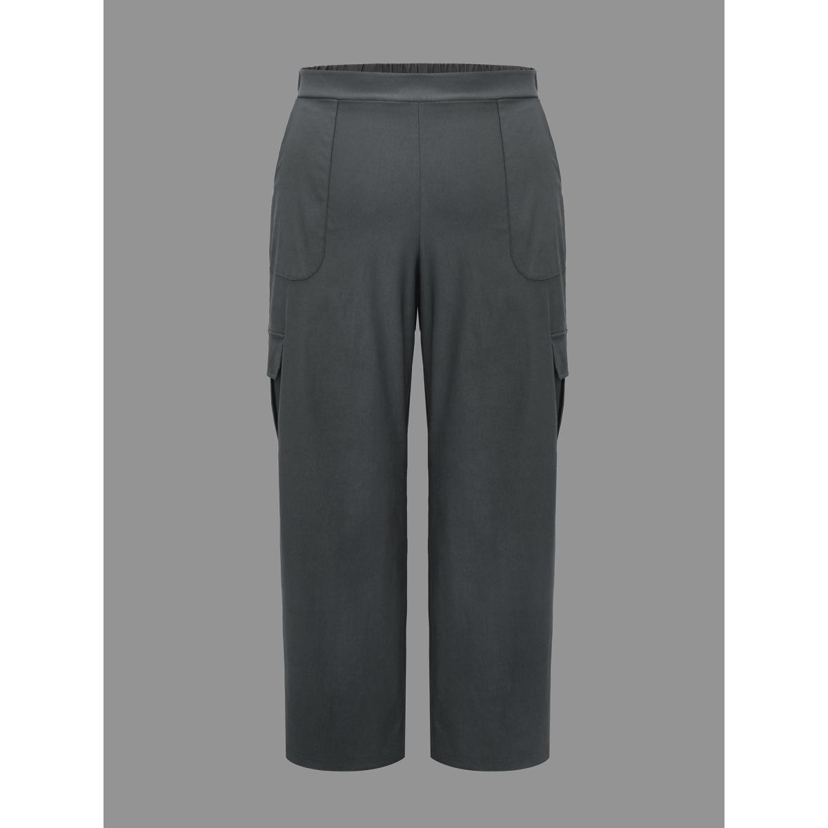 Plus Size Solid Elastic Waist Patched Pocket Pants Women DimGray Casual Loose Mid Rise Everyday Pants BloomChic 14-16/1X Product Image