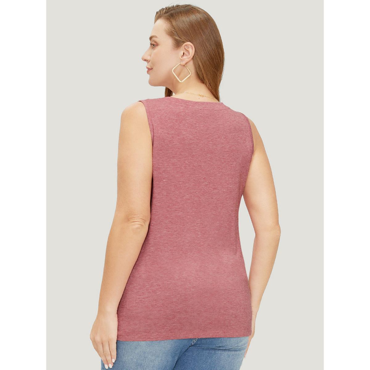 Plus Size Plain Asymmetrical Hem Button Detail Tank Top Women Russet Casual Button Round Neck Dailywear Tank Tops Camis BloomChic 10/M Product Image