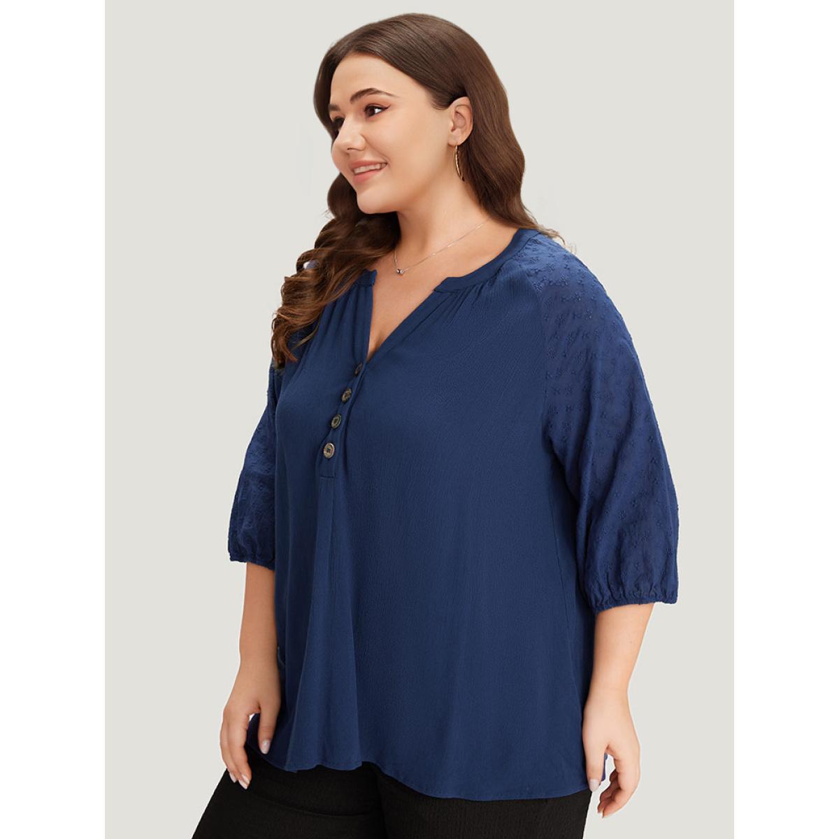 Plus Size Indigo Solid Button Up Patchwork Notched Lantern Sleeve Blouse Women Office Elbow-length sleeve Notched collar Work Blouses BloomChic 12/L Product Image