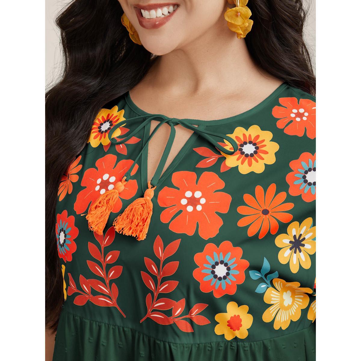 Plus Size DarkGreen Floral Print Neck-Tie Babydoll Top Women Resort Short sleeve Non Vacation Blouses BloomChic 26/4X Product Image