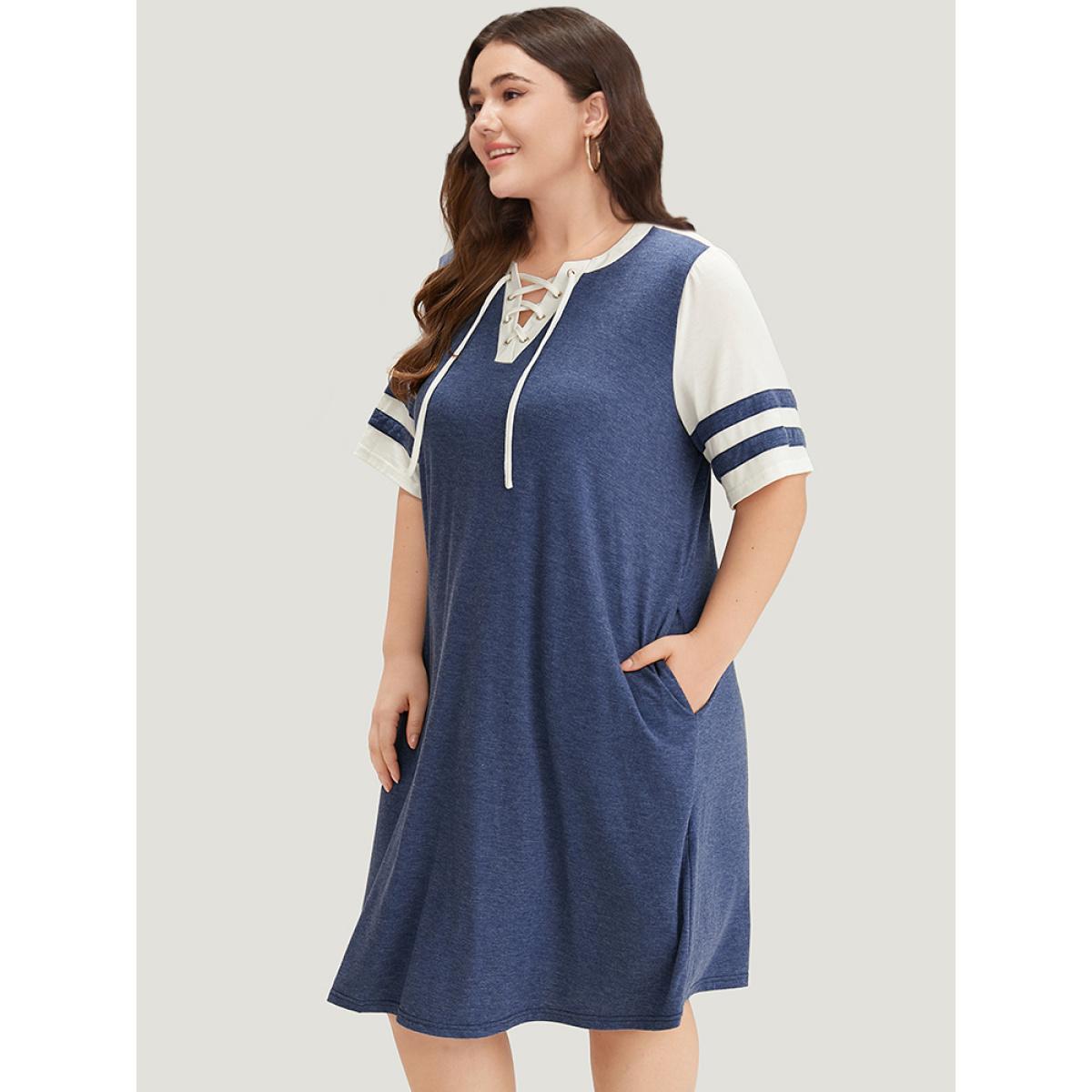 Plus Size Supersoft Essentials Striped Pocket Patchwork Lace Up Dress Indigo Women Casual Cross straps V-neck Short sleeve Curvy Knee Dress BloomChic 12/L Product Image