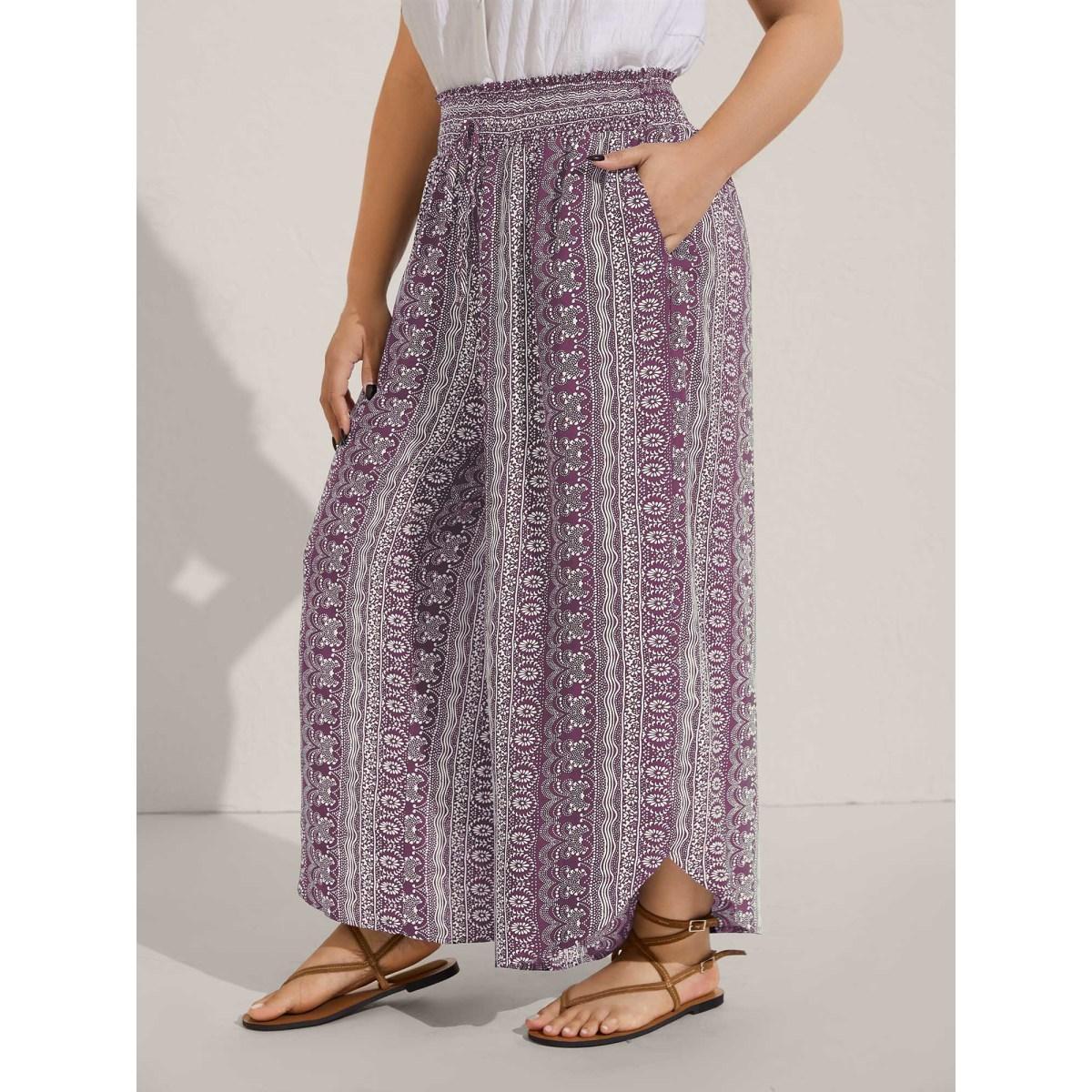 Plus Size Boho Print Shirred Waist Wide-Leg Pants Women Lilac Resort Wide Leg Mid Rise Vacation Pants BloomChic 26/4X Product Image