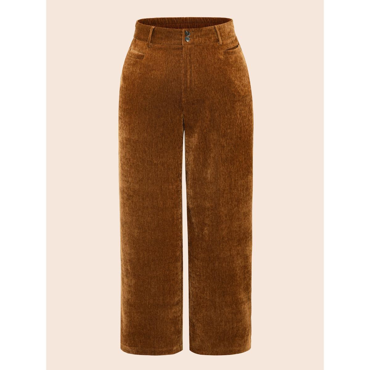 Plus Size Mid Rise Button Up Straight Leg Pants Women Yellowishbrown Casual Straight Leg Mid Rise Everyday Pants BloomChic 18-20/2X Product Image