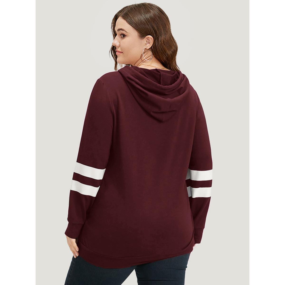 Plus Size Halloween Print Striped Patchwork Hooded Drawstring Sweatshirt Women Burgundy Casual Elastic cuffs Festival-Halloween Sweatshirts BloomChic 18-20/2X Product Image