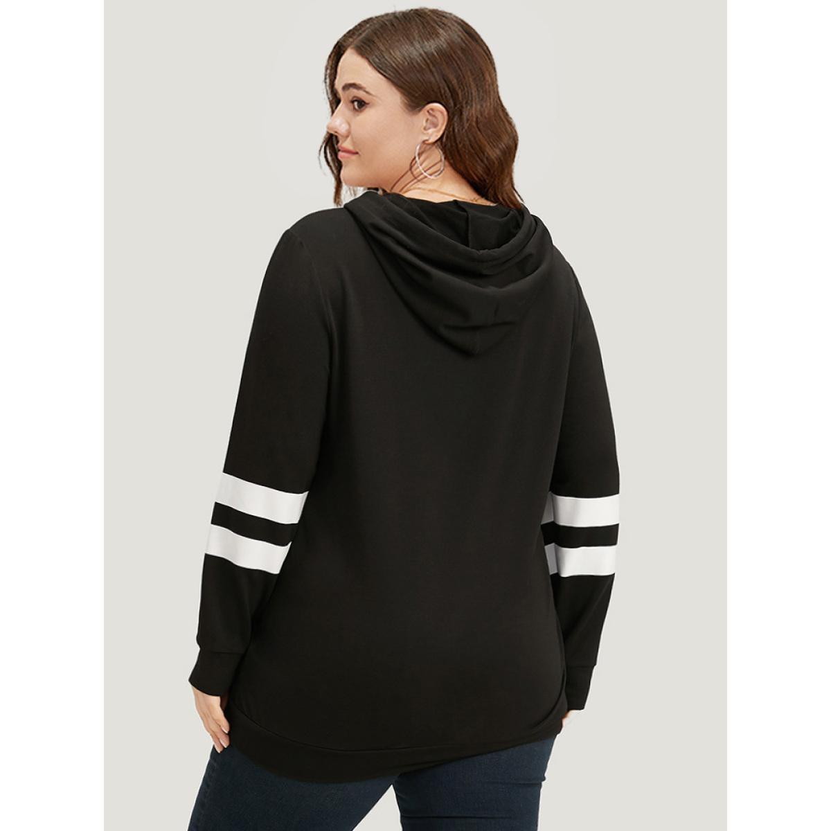 Plus Size Halloween Print Striped Patchwork Hooded Drawstring Sweatshirt Women Black Casual Elastic cuffs Festival-Halloween Sweatshirts BloomChic 22-24/3X Product Image