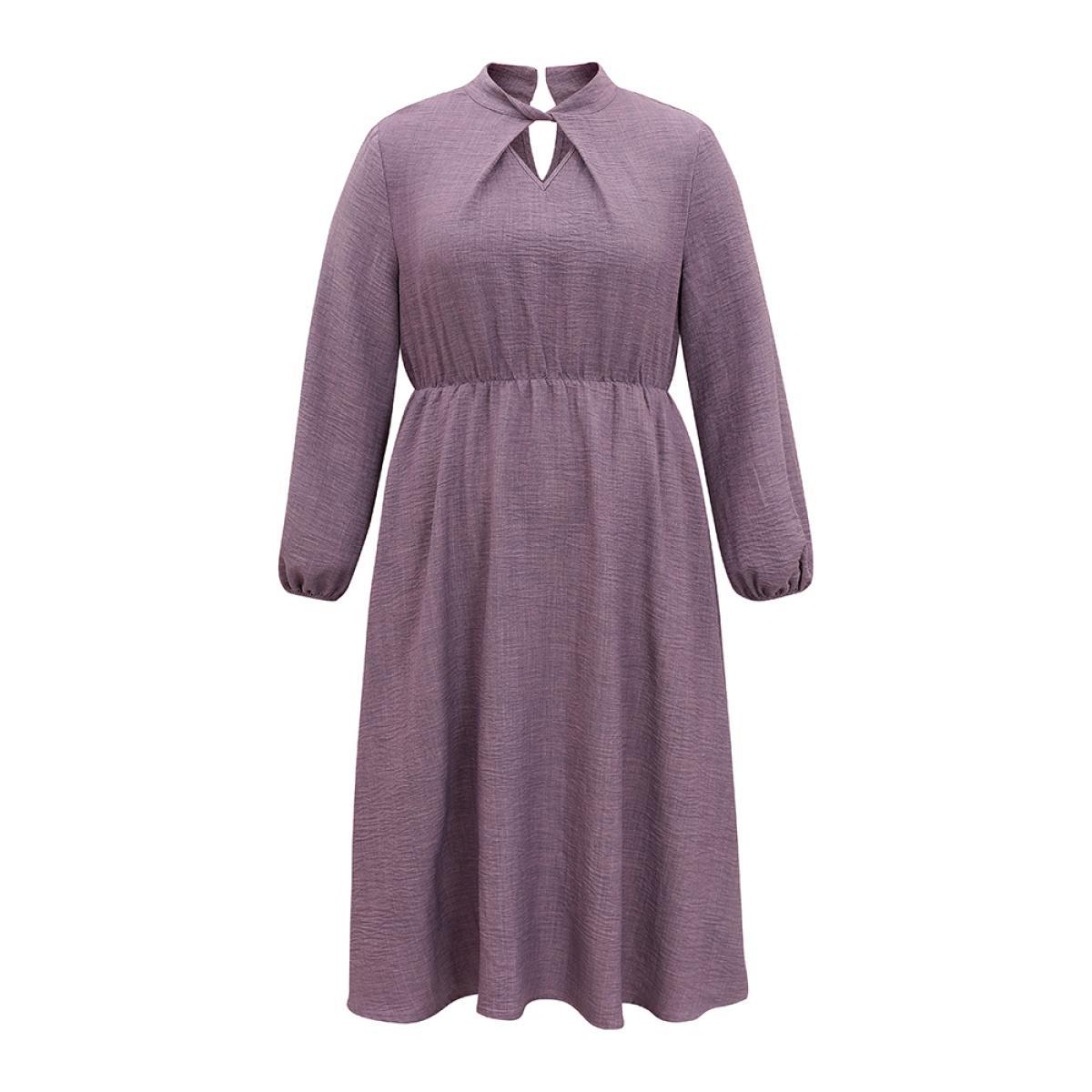 Plus Size Static-Free Elastic Waist Twist Neck Lantern Sleeve Dress Mauve Women Office Elastic cuffs Keyhole Cut-Out Long Sleeve Curvy Midi Dress BloomChic 26/4X Product Image