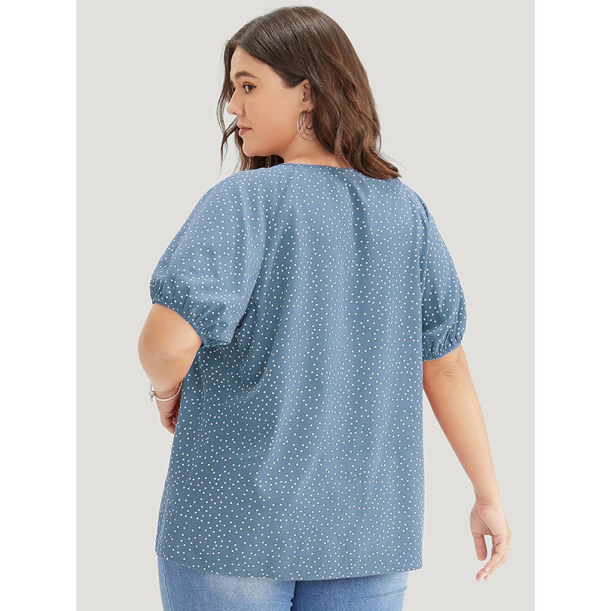 Plus Size Stone Polka Dot Pleated Round Neck Puff Sleeve Blouse Women Office Short sleeve Round Neck Work Blouses BloomChic 30/6X Product Image