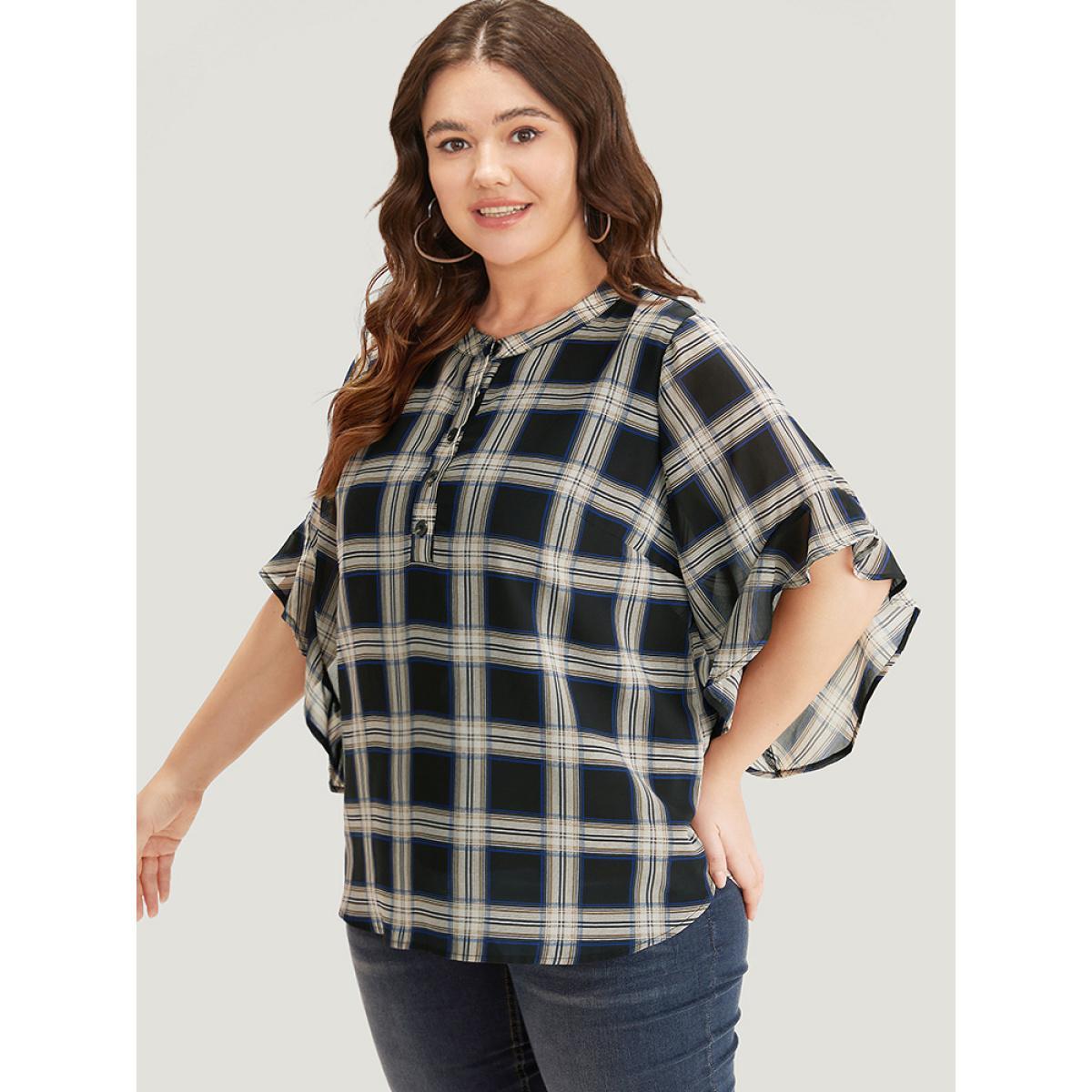 Plus Size Black Plaid Button Up Ruffles Bell Sleeve Blouse Women Office Half Sleeve Shirt collar Work Blouses BloomChic 26/4X Product Image