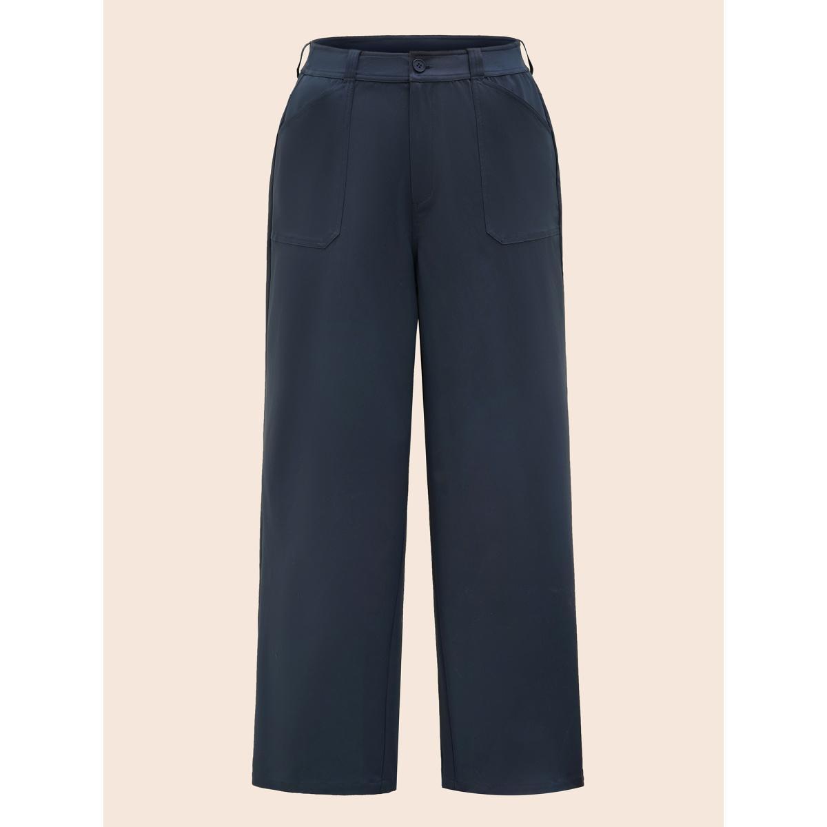Plus Size Solid Buttoned Zipper Wide Leg Pants Women Indigo Casual Wide Leg Mid Rise Everyday Pants BloomChic 12/L Product Image