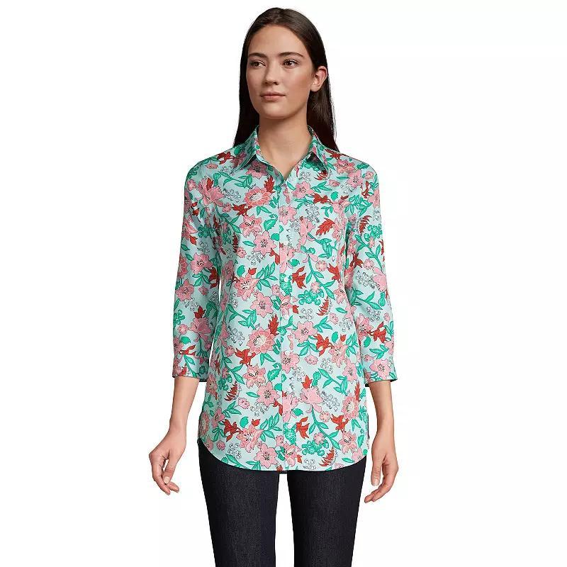 Women's Lands' End No Iron Three Quarter Sleeve Tunic, Size: 4, Blue Lotus Floral Product Image