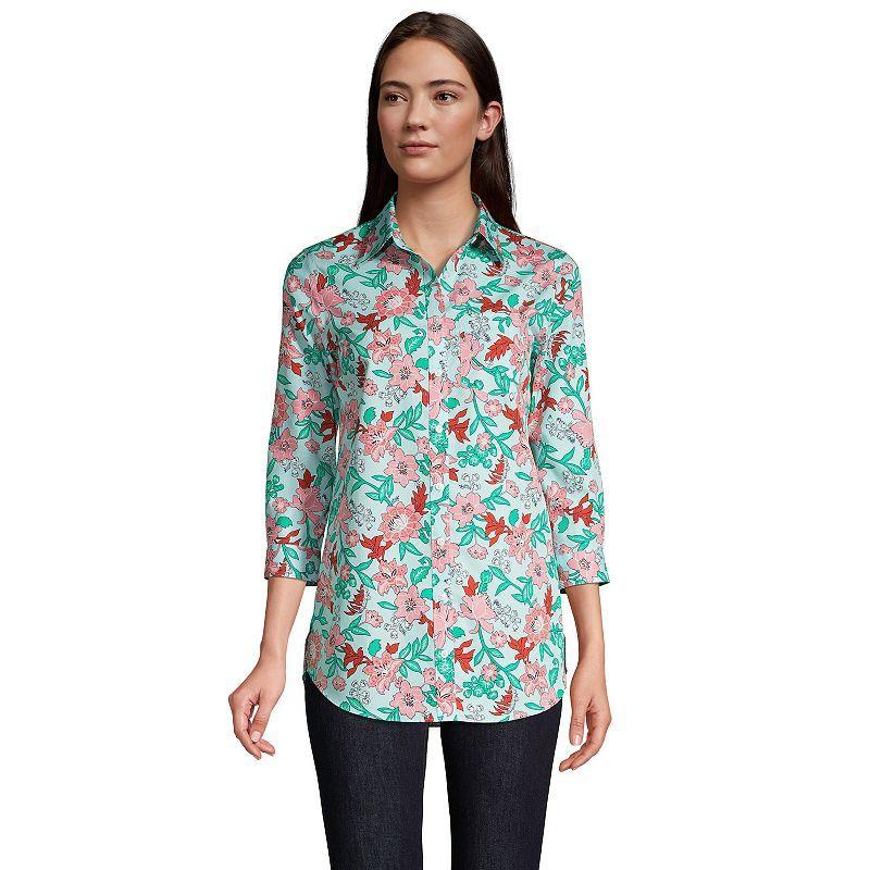 Women's Lands' End No Iron Three Quarter Sleeve Tunic, Size: 4, Blue Lotus Floral Product Image
