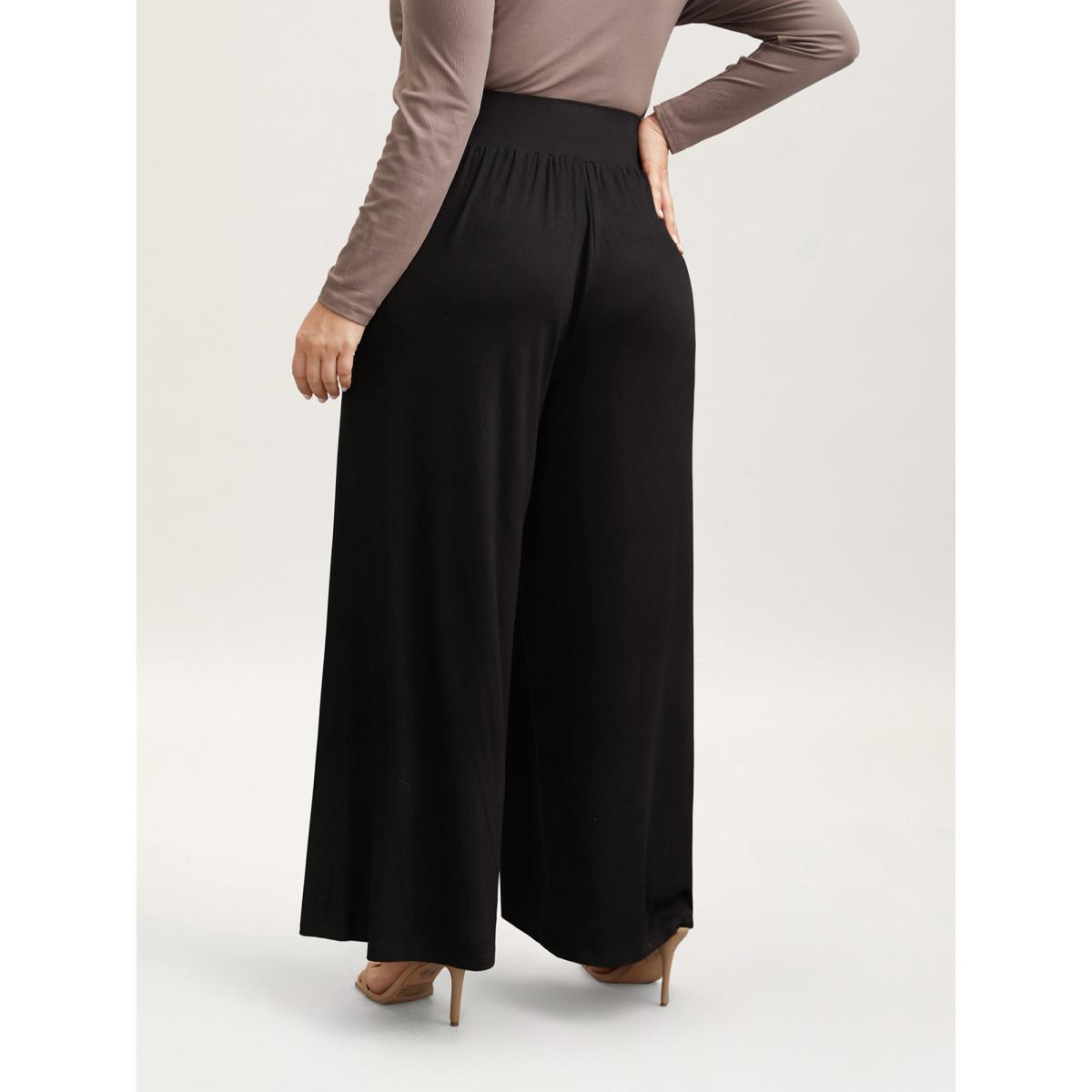 Plus Size Stretchy Waist Straight-Leg Pants Women Black Casual Wide Leg Mid Rise Everyday Pants BloomChic 28/5X Product Image