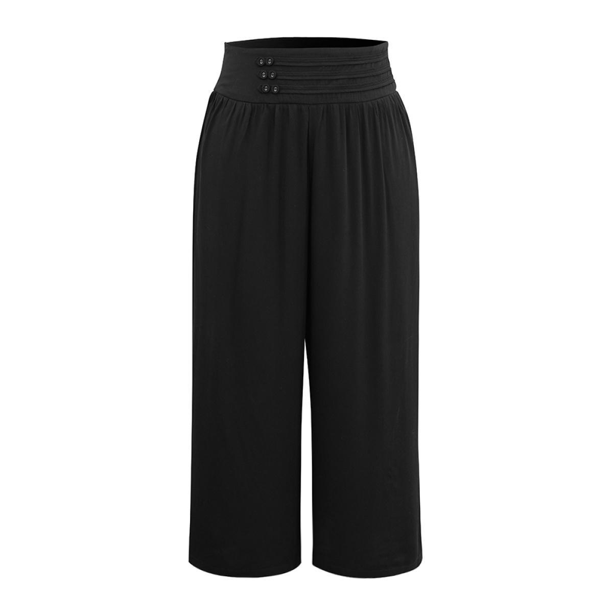 Plus Size Solid Elastic Waist Button Detail Wide Leg Pants Women Black Casual Wide Leg High Rise Dailywear Pants BloomChic 30/6X Product Image
