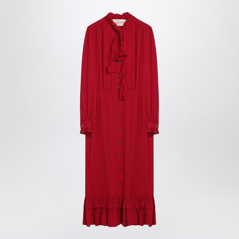 VALENTINO Silk Midi Dress With Ruffled Bow Detail In Red Product Image