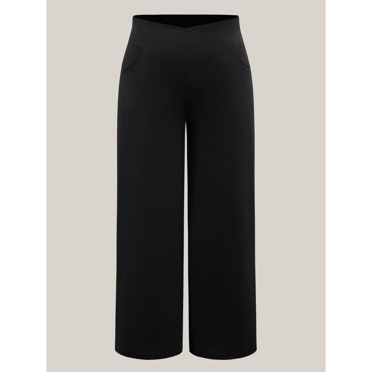 Plus Size Crossover Waist Very Stretchy Wide-Leg Pants Women Black Elegant Bodycon Mid Rise Everyday-Elegant Pants BloomChic 30/6X Product Image