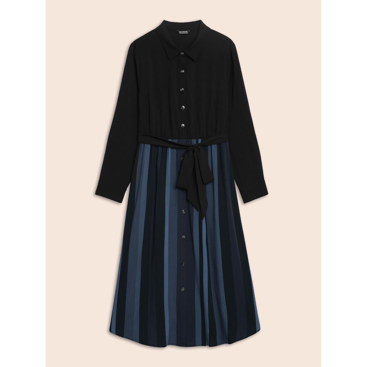 Plus Size Colour Striped Patchwork Belted Button Through Dress Midnight Women Office Belted Shirt collar Long Sleeve Curvy Midi Dress BloomChic 28/5X Product Image
