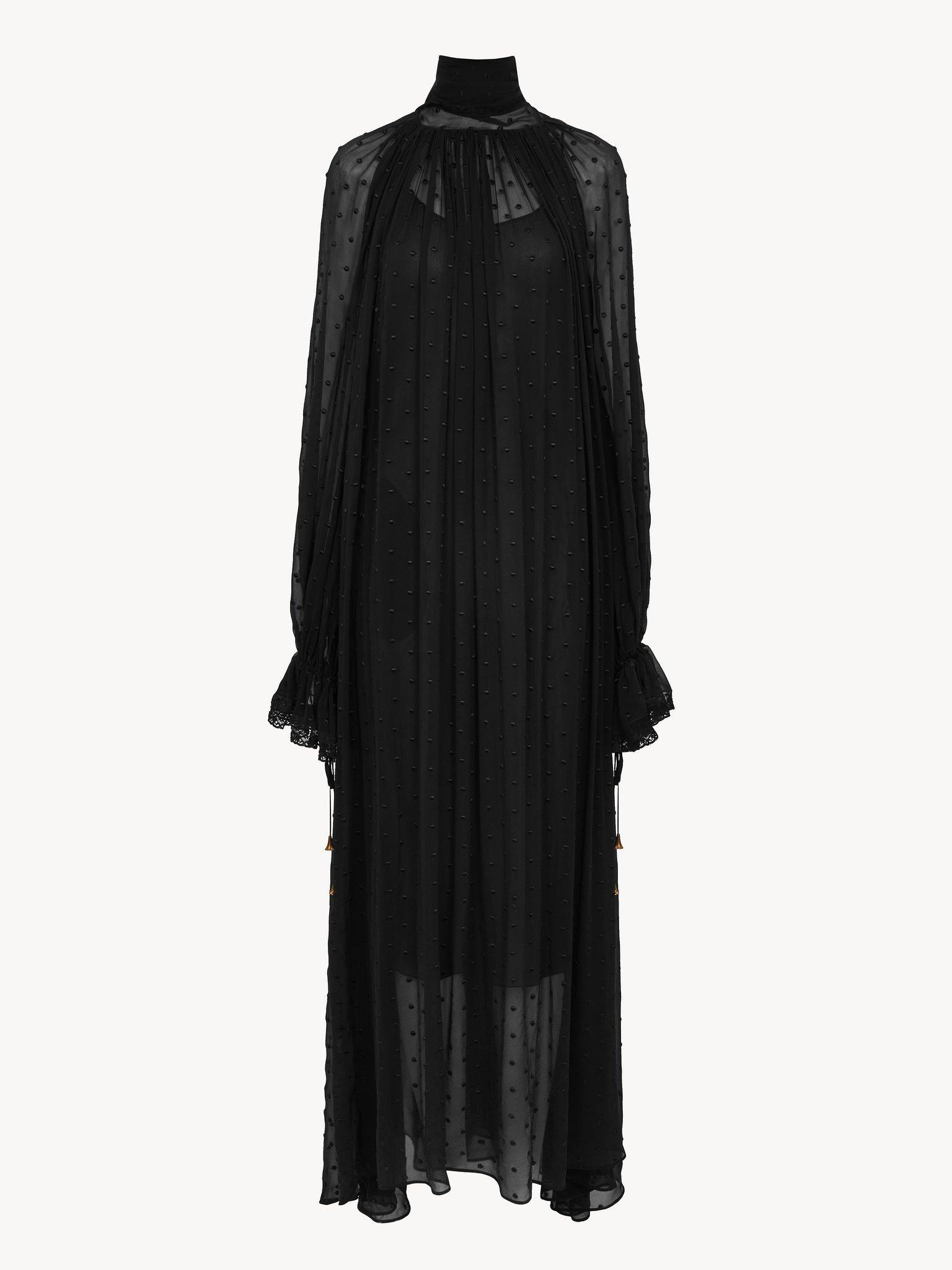 Gathered long dress in silk georgette plumetis Product Image