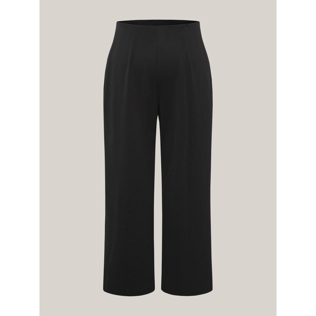 Plus Size Solid Elastic Waist Pleated Wide Leg Pants Women Black At the Office Wide Leg Mid Rise Work Pants BloomChic 18-20/2X Product Image