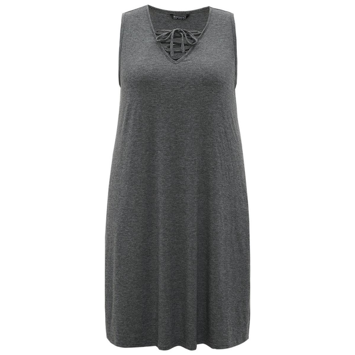 Plus Size Plain Pocket Lace Up Sleeveless Dress DimGray Women Casual Plain V-neck Sleeveless Curvy Midi Dress BloomChic 30/6X Product Image