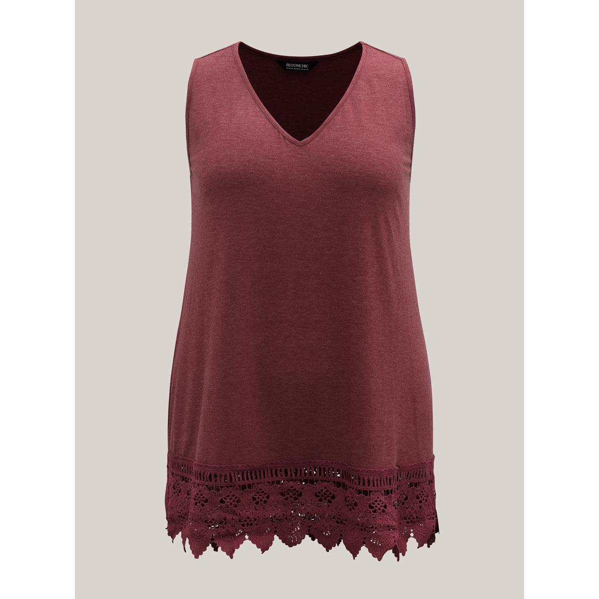 Plus Size Heathered Stretchy Lace Hem Sleeveless Top Women Russet Elegant Patchwork V-neck Everyday Tank Tops Camis BloomChic 10/M Product Image