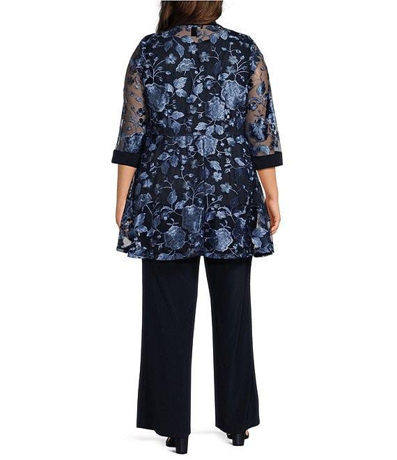 R & M Richards Plus Size 3/4 Sleeve Crew Neck Embroidered 3-Piece Pant Set Product Image