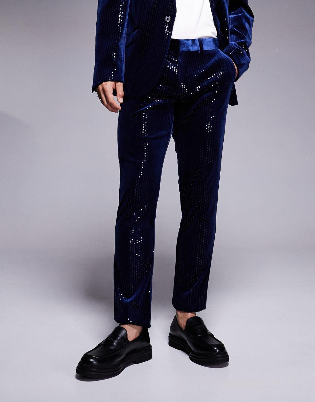  ASOS DESIGN skinny suit pants in velvet sequin in navy Product Image