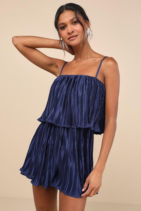 Fun Flirt Navy Blue Satin Plisse Sleeveless Romper Product Image
