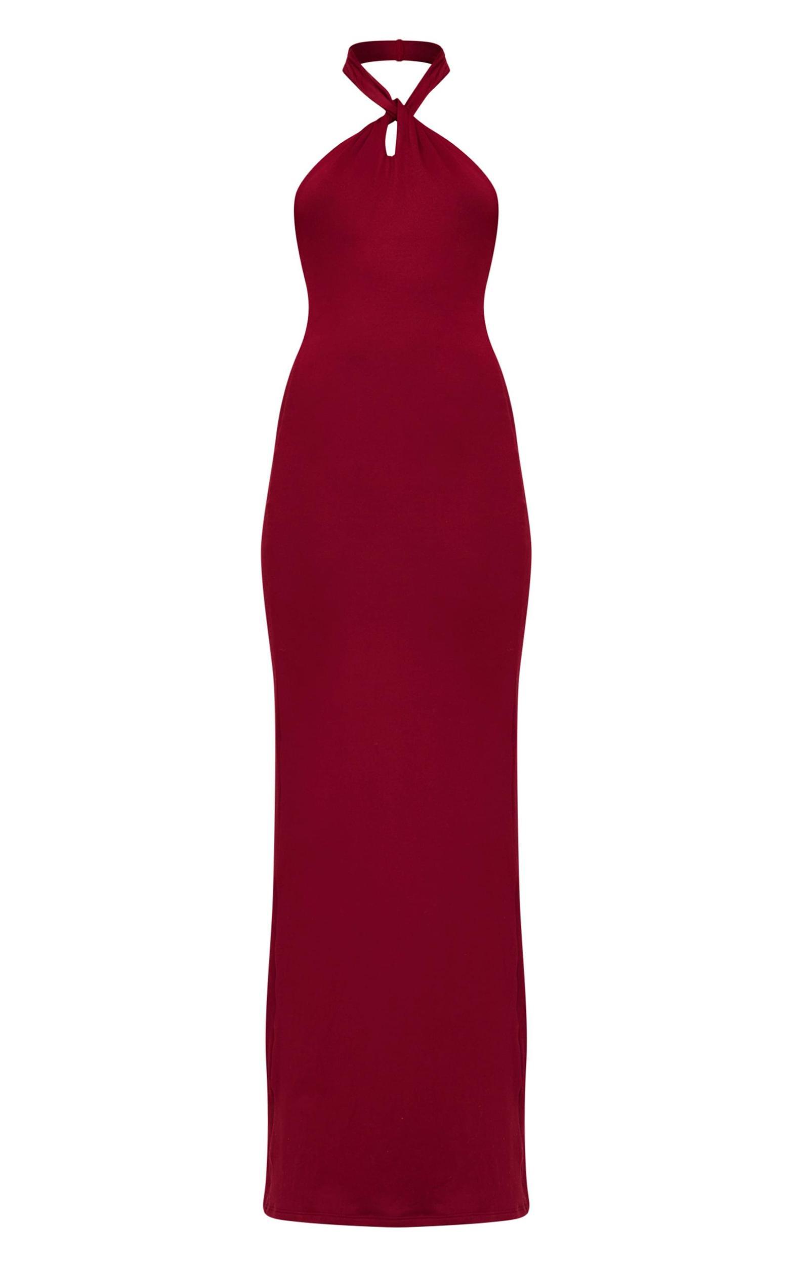 Burgundy Double Contour Halterneck Low Back Maxi Dress Product Image