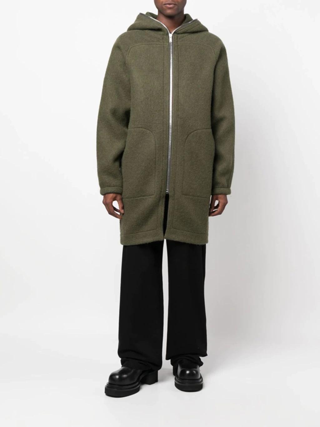 RICK OWENS Green Zip-up Hooded Wool Coat Product Image