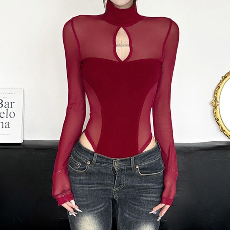 Long-Sleeve Turtleneck Cutout Mesh Bodysuit Top Product Image