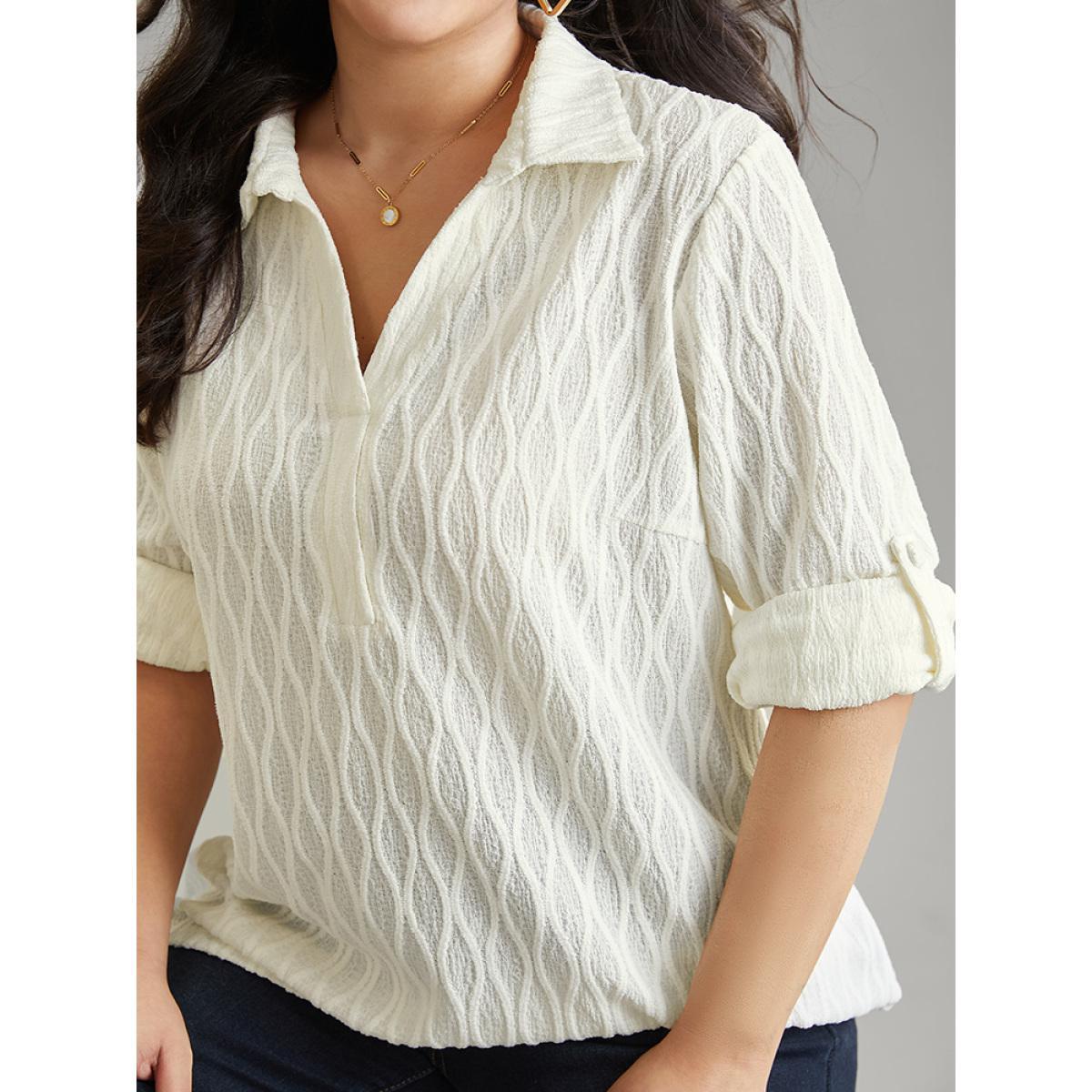 Plus Size Ivory Plain Shirt Collar Tab Sleeve Jacquard Blouse Women Casual Long Sleeve Shirt collar Work Blouses BloomChic 28/5X Product Image