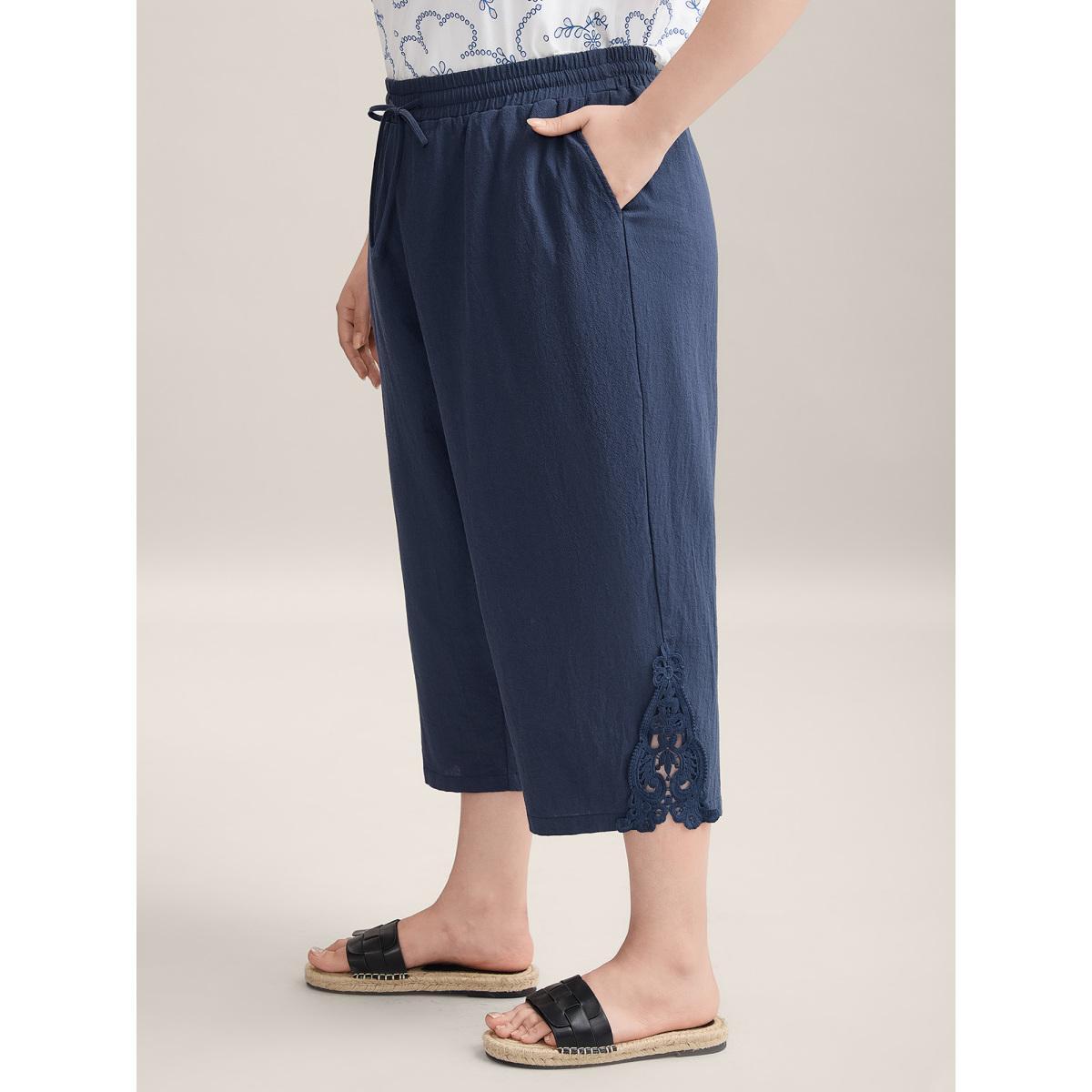 Plus Size Lace Cut-Out Straight-Leg Plain Pants Women Indigo Resort Straight Leg Mid Rise Vacation Pants BloomChic 26/4X Product Image