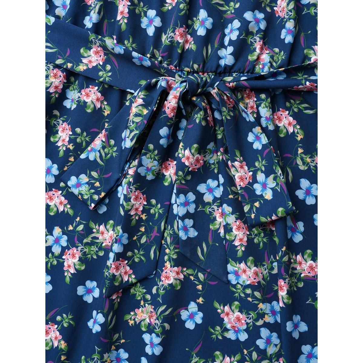 Plus Size Floral Print Belted Stretchy Waist Midi Dress Navy Women Elegant Gathered Halter neck Sleeveless Curvy BloomChic 12/L Product Image