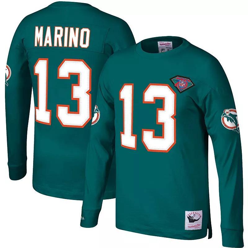 Men's Mitchell & Ness Dan Marino Aqua Miami Dolphins Throwback Retired Player Name & Number Long Sleeve Top, Size: Small, Turquoise A Product Image