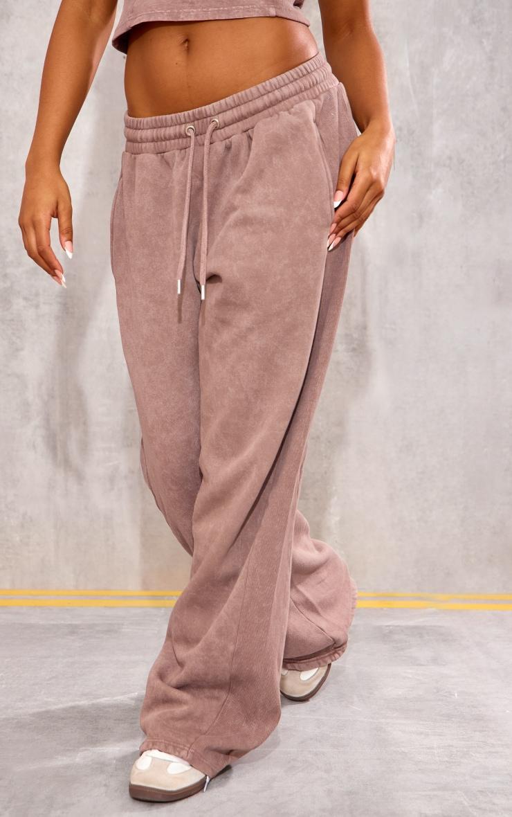 Taupe Washed Rib Panel Wide Leg Sweatpants Product Image
