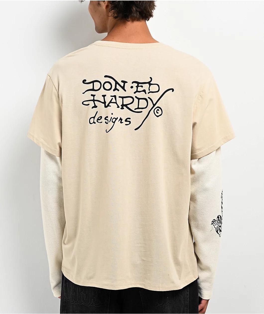 Ed Hardy Cobra Skull Beige & Cream 2fer Long Sleeve T-Shirt Product Image